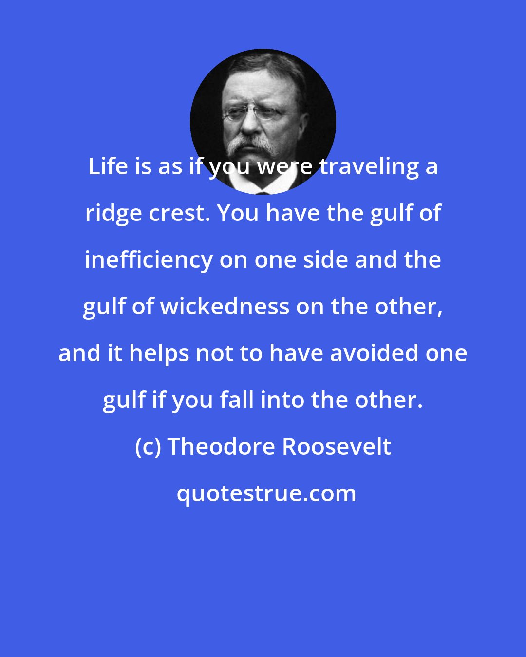 Theodore Roosevelt: Life is as if you were traveling a ridge crest. You have the gulf of inefficiency on one side and the gulf of wickedness on the other, and it helps not to have avoided one gulf if you fall into the other.