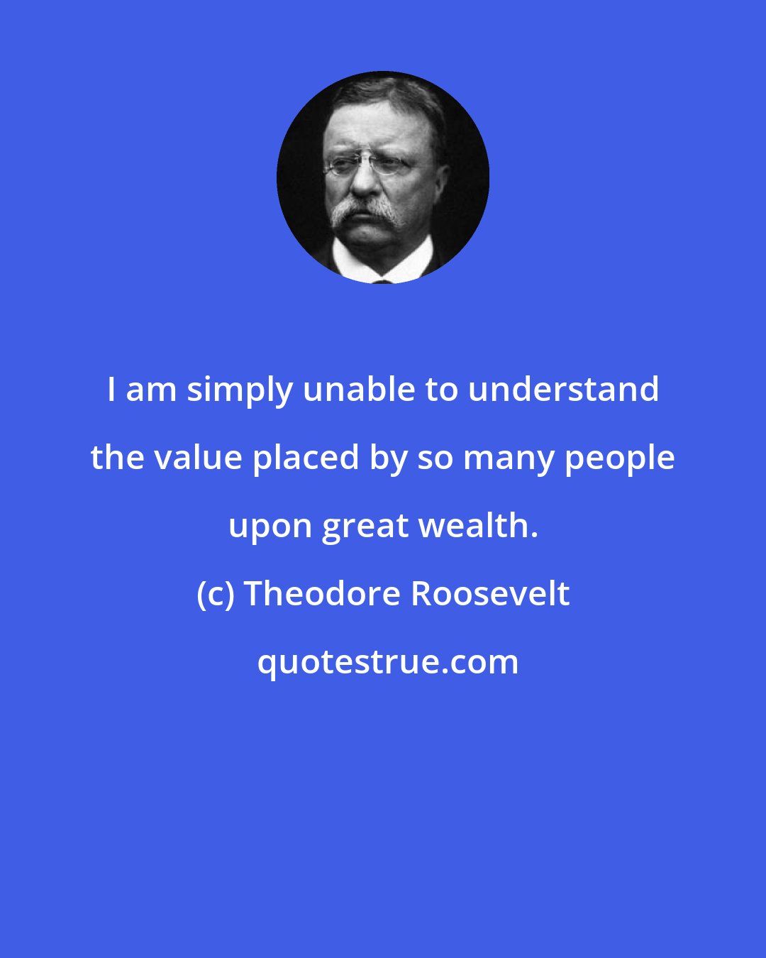 Theodore Roosevelt: I am simply unable to understand the value placed by so many people upon great wealth.