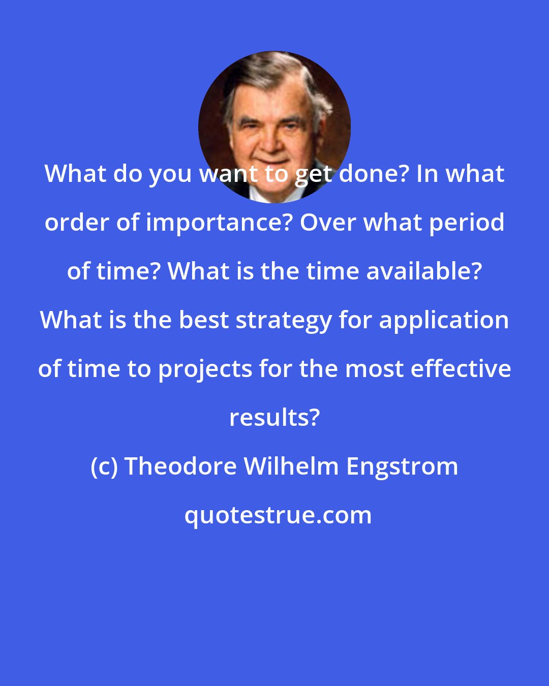 Theodore Wilhelm Engstrom: What do you want to get done? In what order of importance? Over what period of time? What is the time available? What is the best strategy for application of time to projects for the most effective results?