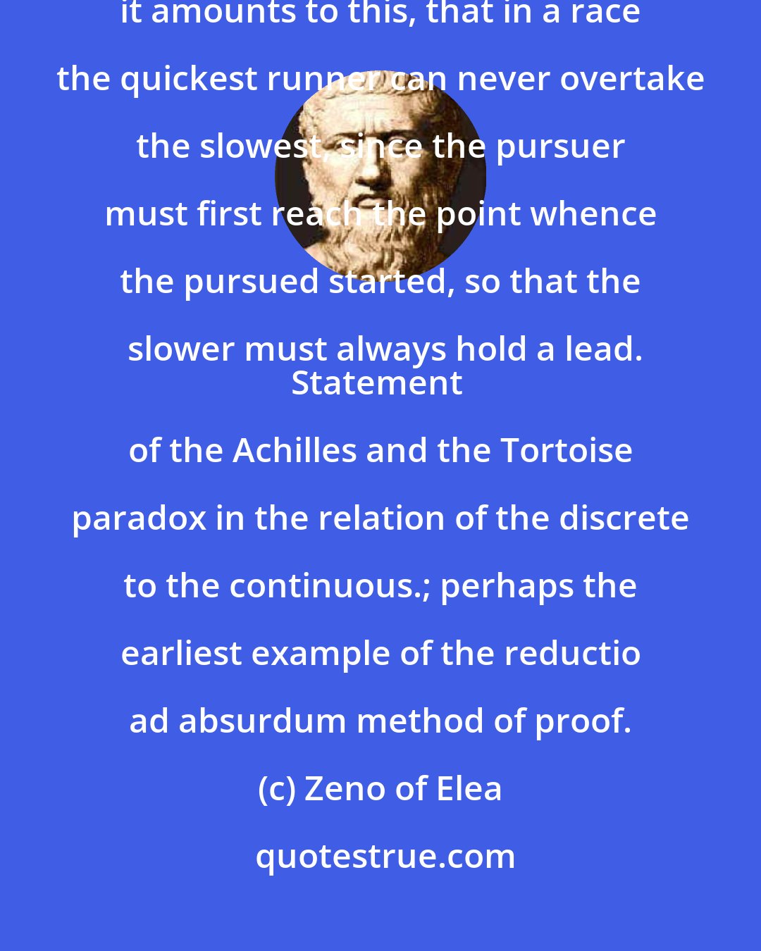 Zeno of Elea: The second [argument about motion] is the so-called Achilles, and it amounts to this, that in a race the quickest runner can never overtake the slowest, since the pursuer must first reach the point whence the pursued started, so that the slower must always hold a lead.
Statement of the Achilles and the Tortoise paradox in the relation of the discrete to the continuous.; perhaps the earliest example of the reductio ad absurdum method of proof.