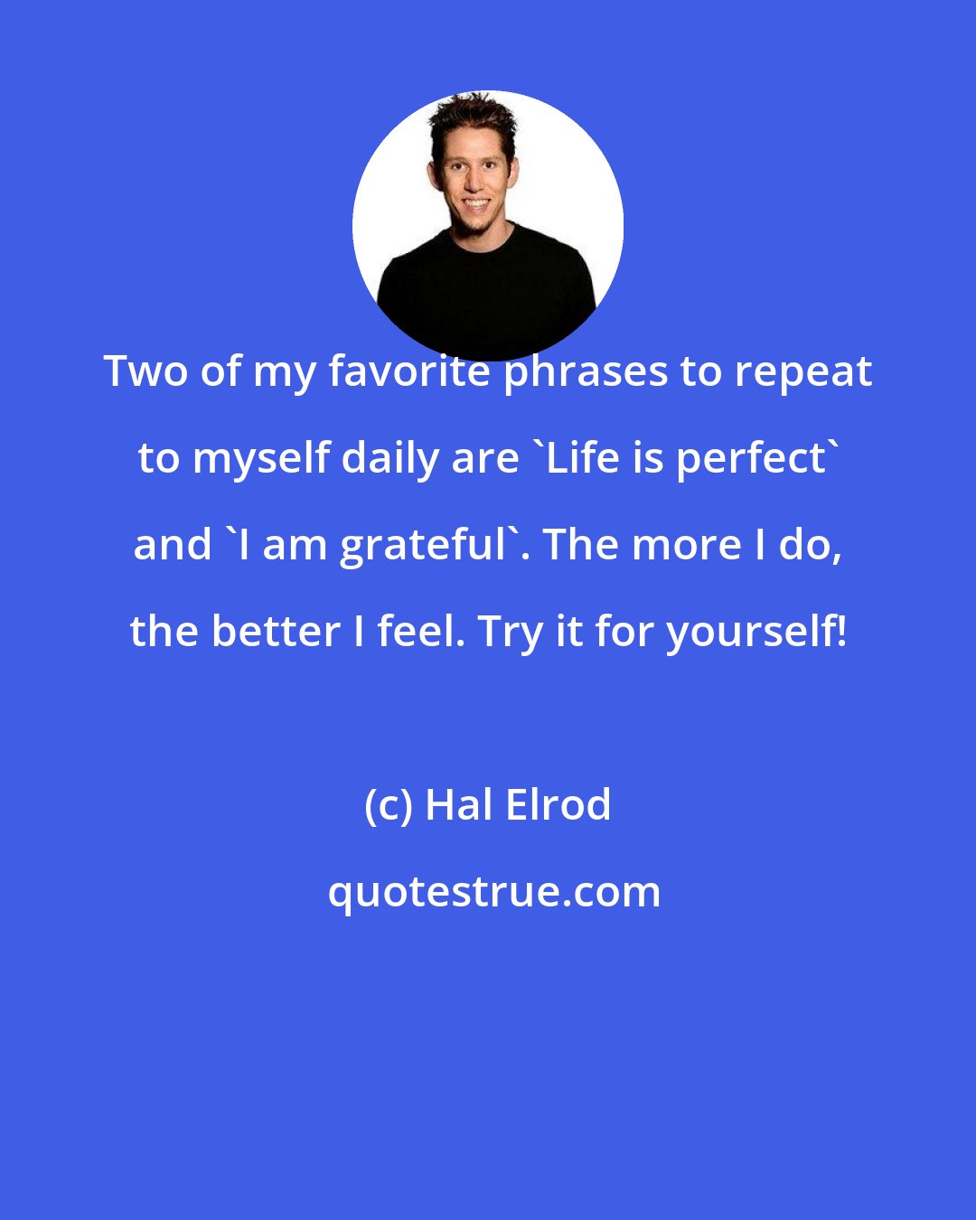 Hal Elrod: Two of my favorite phrases to repeat to myself daily are 'Life is perfect' and 'I am grateful'. The more I do, the better I feel. Try it for yourself!