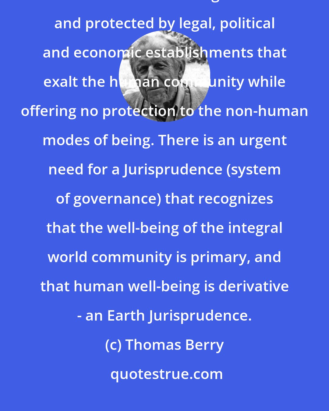 Thomas Berry: The planet Earth in its present mode of florescence is being devastated. This devastation is being fostered and protected by legal, political and economic establishments that exalt the human community while offering no protection to the non-human modes of being. There is an urgent need for a Jurisprudence (system of governance) that recognizes that the well-being of the integral world community is primary, and that human well-being is derivative - an Earth Jurisprudence.