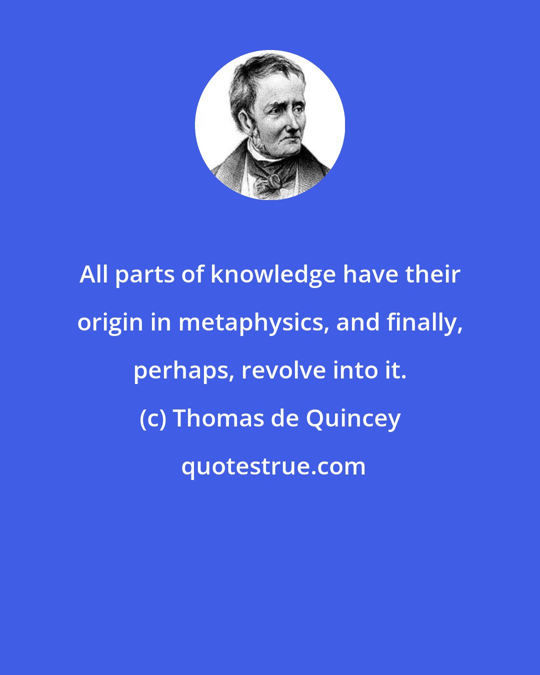 Thomas de Quincey: All parts of knowledge have their origin in metaphysics, and finally, perhaps, revolve into it.