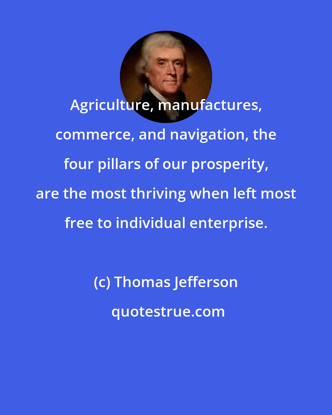 Thomas Jefferson: Agriculture, manufactures, commerce, and navigation, the four pillars of our prosperity, are the most thriving when left most free to individual enterprise.