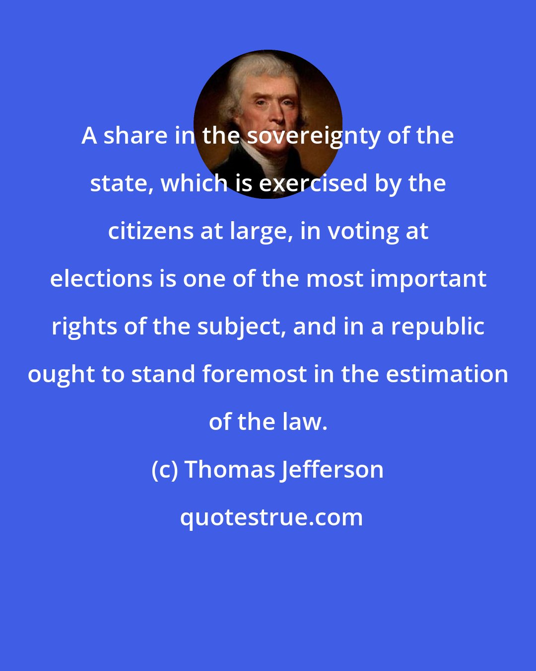 Thomas Jefferson: A share in the sovereignty of the state, which is exercised by the citizens at large, in voting at elections is one of the most important rights of the subject, and in a republic ought to stand foremost in the estimation of the law.