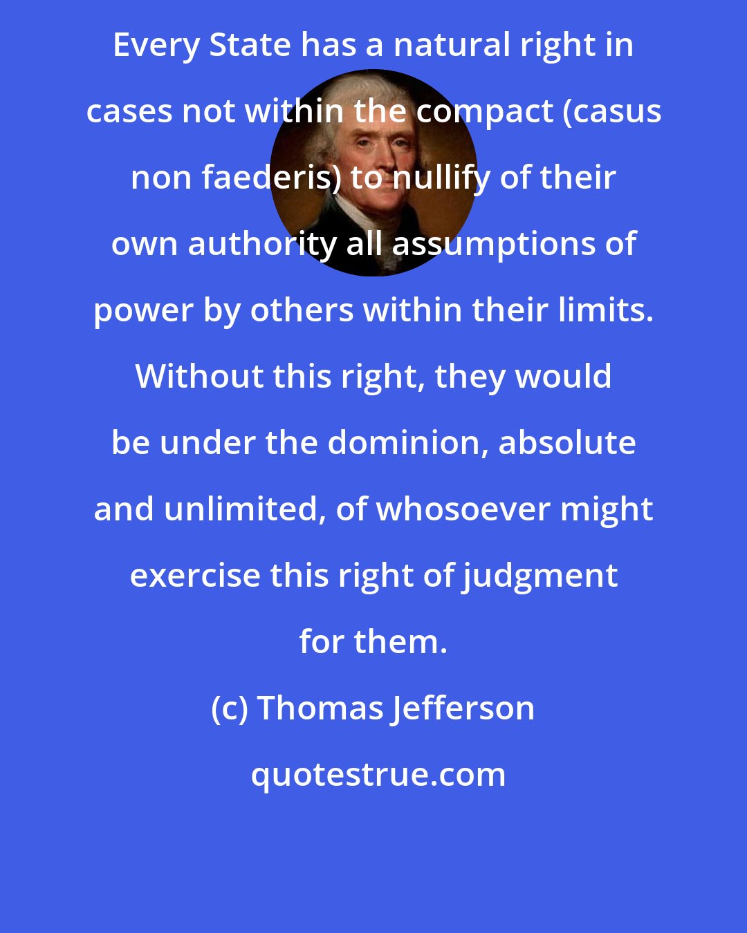 Thomas Jefferson: Every State has a natural right in cases not within the compact (casus non faederis) to nullify of their own authority all assumptions of power by others within their limits. Without this right, they would be under the dominion, absolute and unlimited, of whosoever might exercise this right of judgment for them.