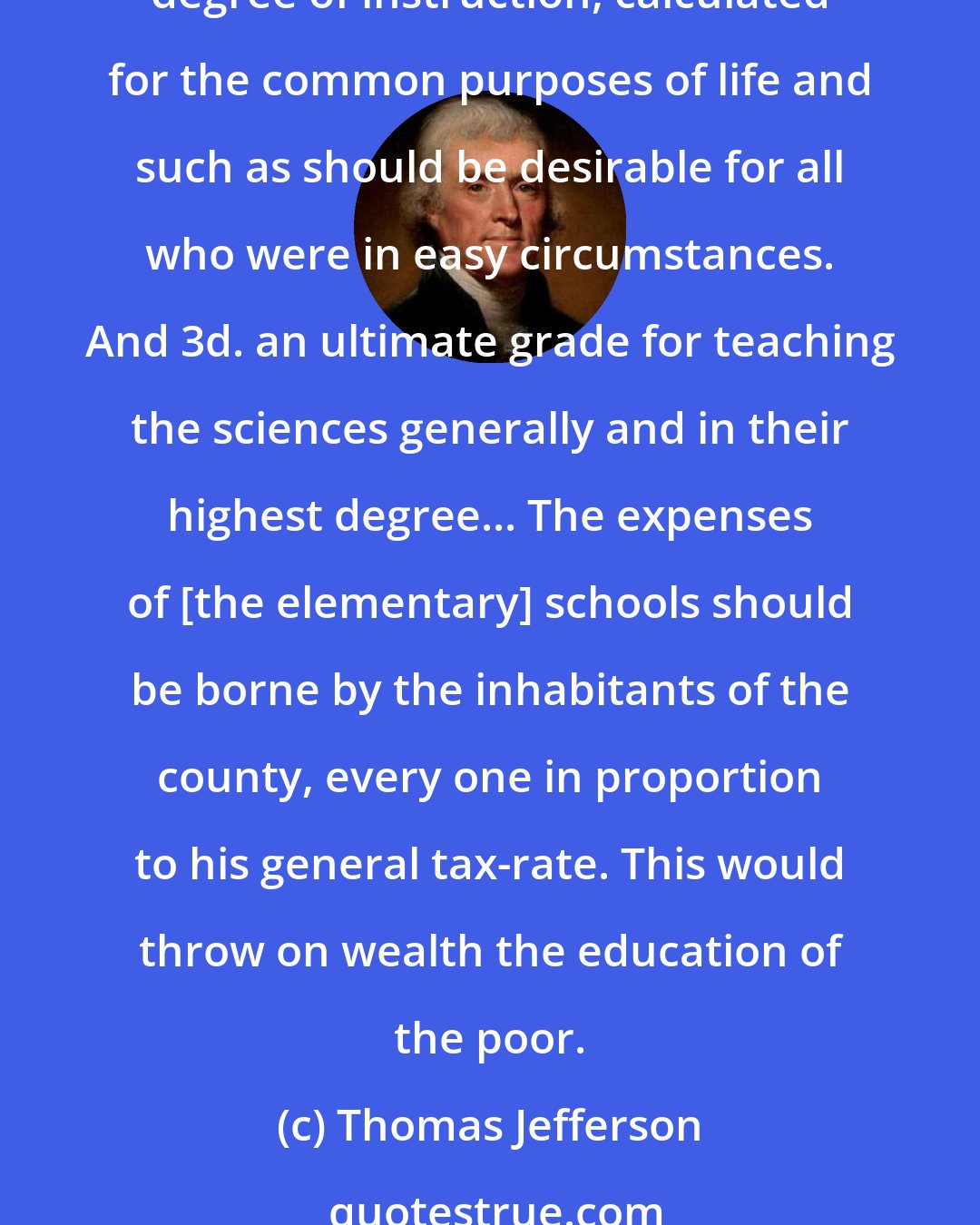 Thomas Jefferson: I... [proposed] three distinct grades of education, reaching all classes. 1. Elementary schools for all children generally, rich and poor. 2. Colleges for a middle degree of instruction, calculated for the common purposes of life and such as should be desirable for all who were in easy circumstances. And 3d. an ultimate grade for teaching the sciences generally and in their highest degree... The expenses of [the elementary] schools should be borne by the inhabitants of the county, every one in proportion to his general tax-rate. This would throw on wealth the education of the poor.