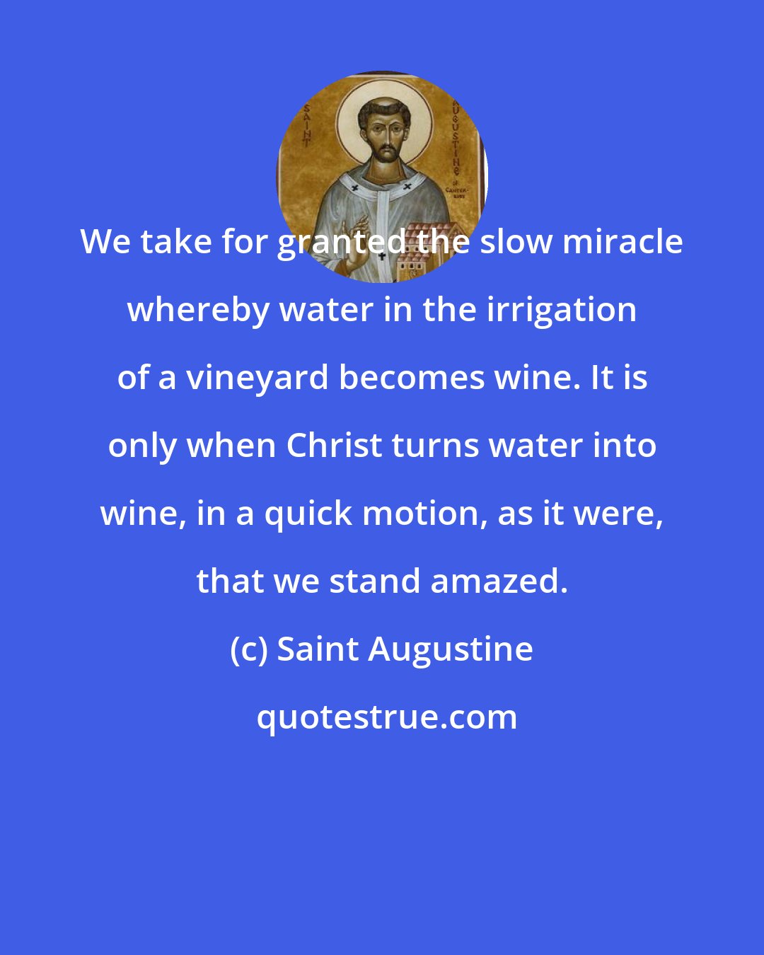 Saint Augustine: We take for granted the slow miracle whereby water in the irrigation of a vineyard becomes wine. It is only when Christ turns water into wine, in a quick motion, as it were, that we stand amazed.