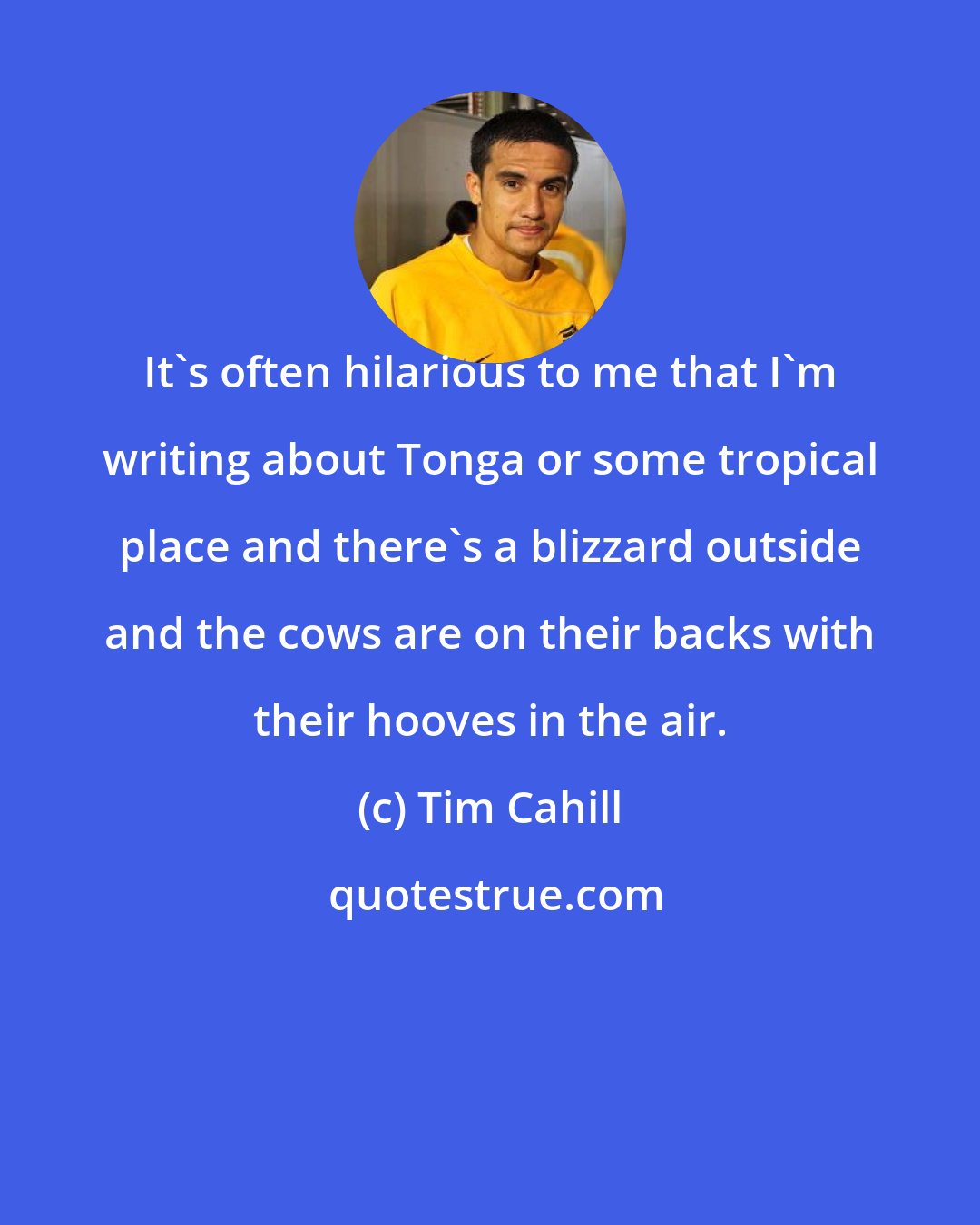 Tim Cahill: It's often hilarious to me that I'm writing about Tonga or some tropical place and there's a blizzard outside and the cows are on their backs with their hooves in the air.