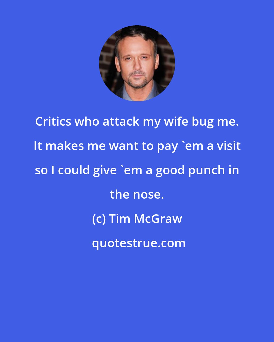 Tim McGraw: Critics who attack my wife bug me. It makes me want to pay 'em a visit so I could give 'em a good punch in the nose.