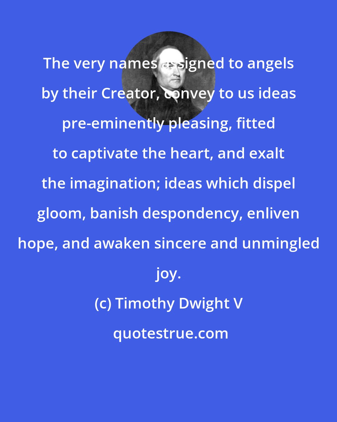 Timothy Dwight V: The very names assigned to angels by their Creator, convey to us ideas pre-eminently pleasing, fitted to captivate the heart, and exalt the imagination; ideas which dispel gloom, banish despondency, enliven hope, and awaken sincere and unmingled joy.
