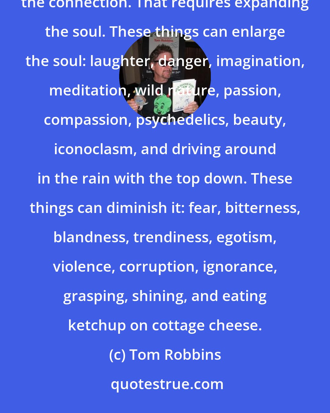 Tom Robbins: To one degree or another, everybody is connected to the Mystery, and everybody secretly yearns to expand the connection. That requires expanding the soul. These things can enlarge the soul: laughter, danger, imagination, meditation, wild nature, passion, compassion, psychedelics, beauty, iconoclasm, and driving around in the rain with the top down. These things can diminish it: fear, bitterness, blandness, trendiness, egotism, violence, corruption, ignorance, grasping, shining, and eating ketchup on cottage cheese.