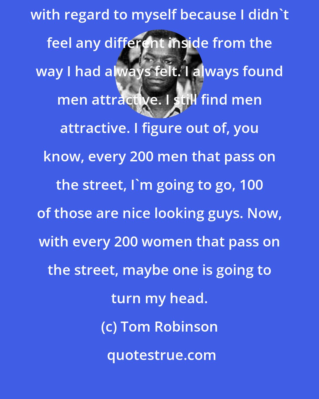 Tom Robinson: I was quite reluctant in the first instance to come to use the word bisexual with regard to myself because I didn't feel any different inside from the way I had always felt. I always found men attractive. I still find men attractive. I figure out of, you know, every 200 men that pass on the street, I'm going to go, 100 of those are nice looking guys. Now, with every 200 women that pass on the street, maybe one is going to turn my head.