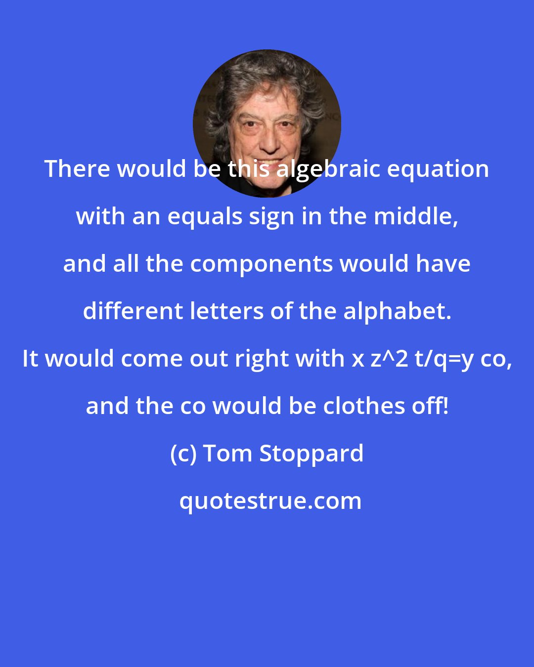 Tom Stoppard: There would be this algebraic equation with an equals sign in the middle, and all the components would have different letters of the alphabet. It would come out right with x+z^2+t/q=y+co, and the co would be clothes off!