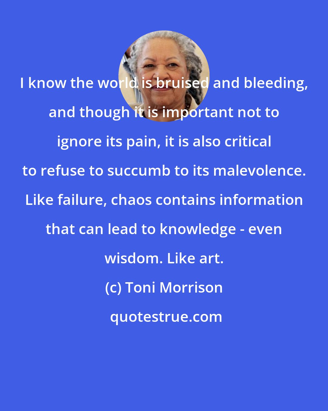 Toni Morrison: I know the world is bruised and bleeding, and though it is important not to ignore its pain, it is also critical to refuse to succumb to its malevolence. Like failure, chaos contains information that can lead to knowledge - even wisdom. Like art.