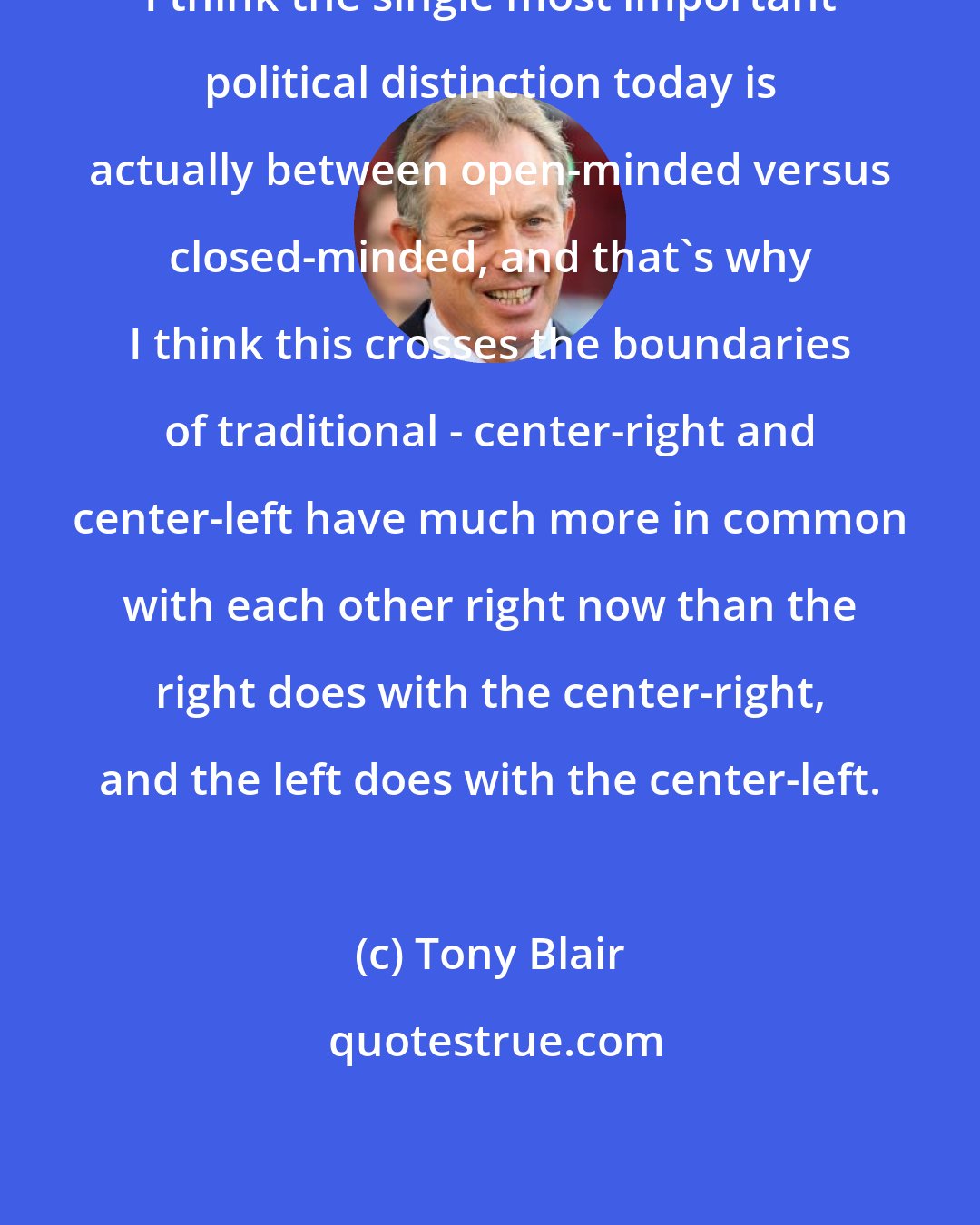 Tony Blair: I think the single most important political distinction today is actually between open-minded versus closed-minded, and that's why I think this crosses the boundaries of traditional - center-right and center-left have much more in common with each other right now than the right does with the center-right, and the left does with the center-left.