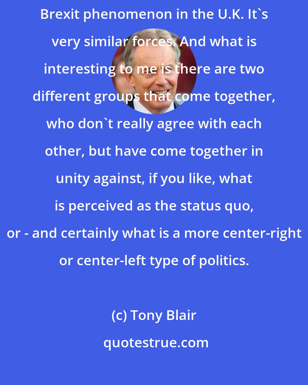 Tony Blair: The Donald Trump phenomenon in the U.S. is mirrored completely by the Brexit phenomenon in the U.K. It's very similar forces. And what is interesting to me is there are two different groups that come together, who don't really agree with each other, but have come together in unity against, if you like, what is perceived as the status quo, or - and certainly what is a more center-right or center-left type of politics.