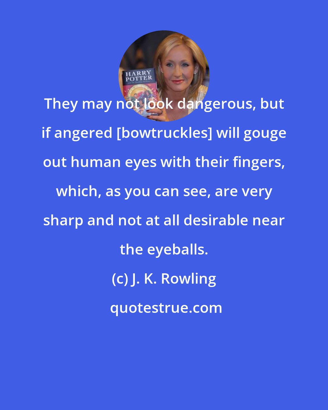 J. K. Rowling: They may not look dangerous, but if angered [bowtruckles] will gouge out human eyes with their fingers, which, as you can see, are very sharp and not at all desirable near the eyeballs.