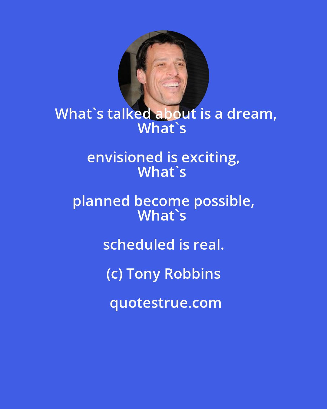 Tony Robbins: What's talked about is a dream,
What's envisioned is exciting, 
What's planned become possible, 
What's scheduled is real.