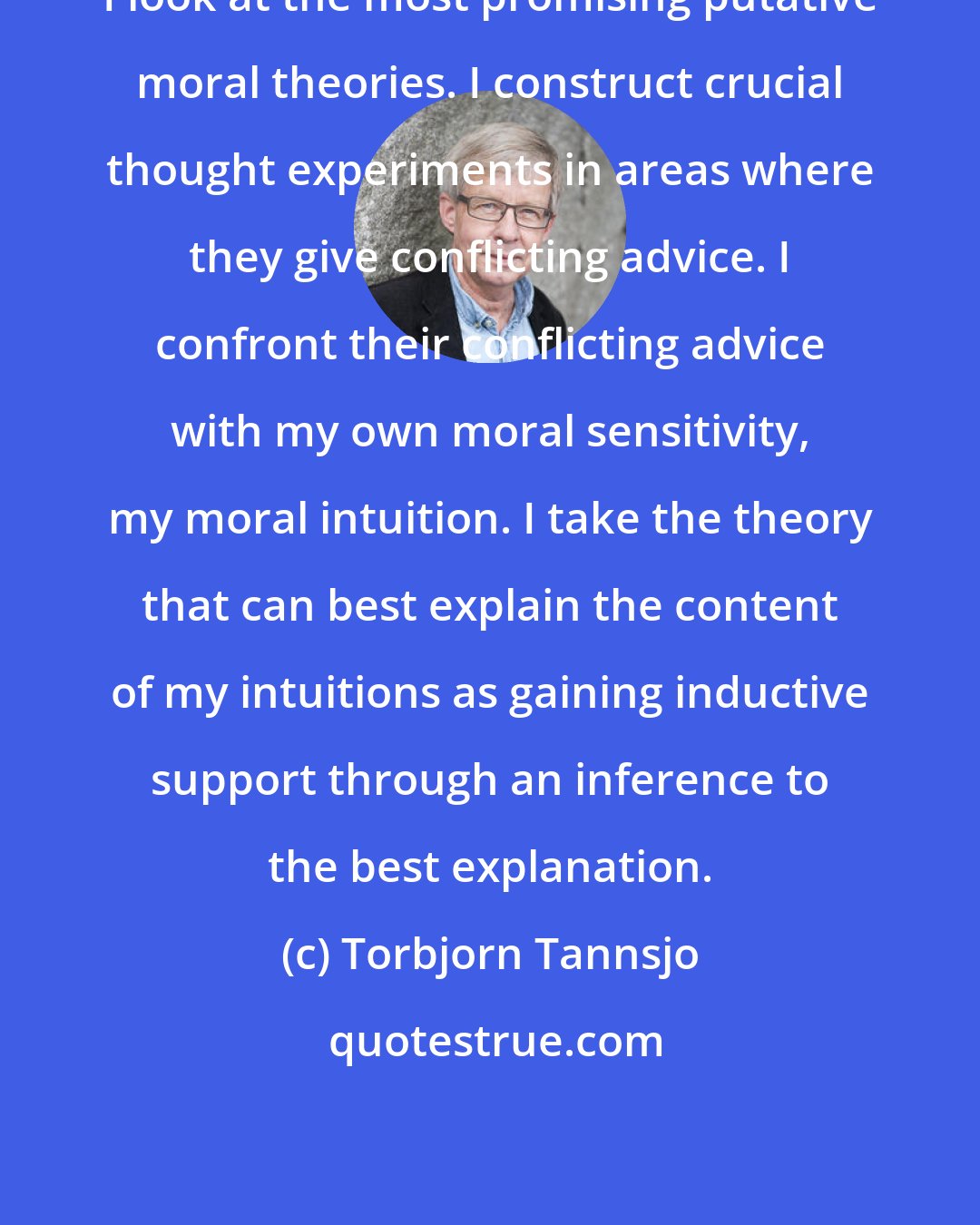 Torbjorn Tannsjo: I look at the most promising putative moral theories. I construct crucial thought experiments in areas where they give conflicting advice. I confront their conflicting advice with my own moral sensitivity, my moral intuition. I take the theory that can best explain the content of my intuitions as gaining inductive support through an inference to the best explanation.