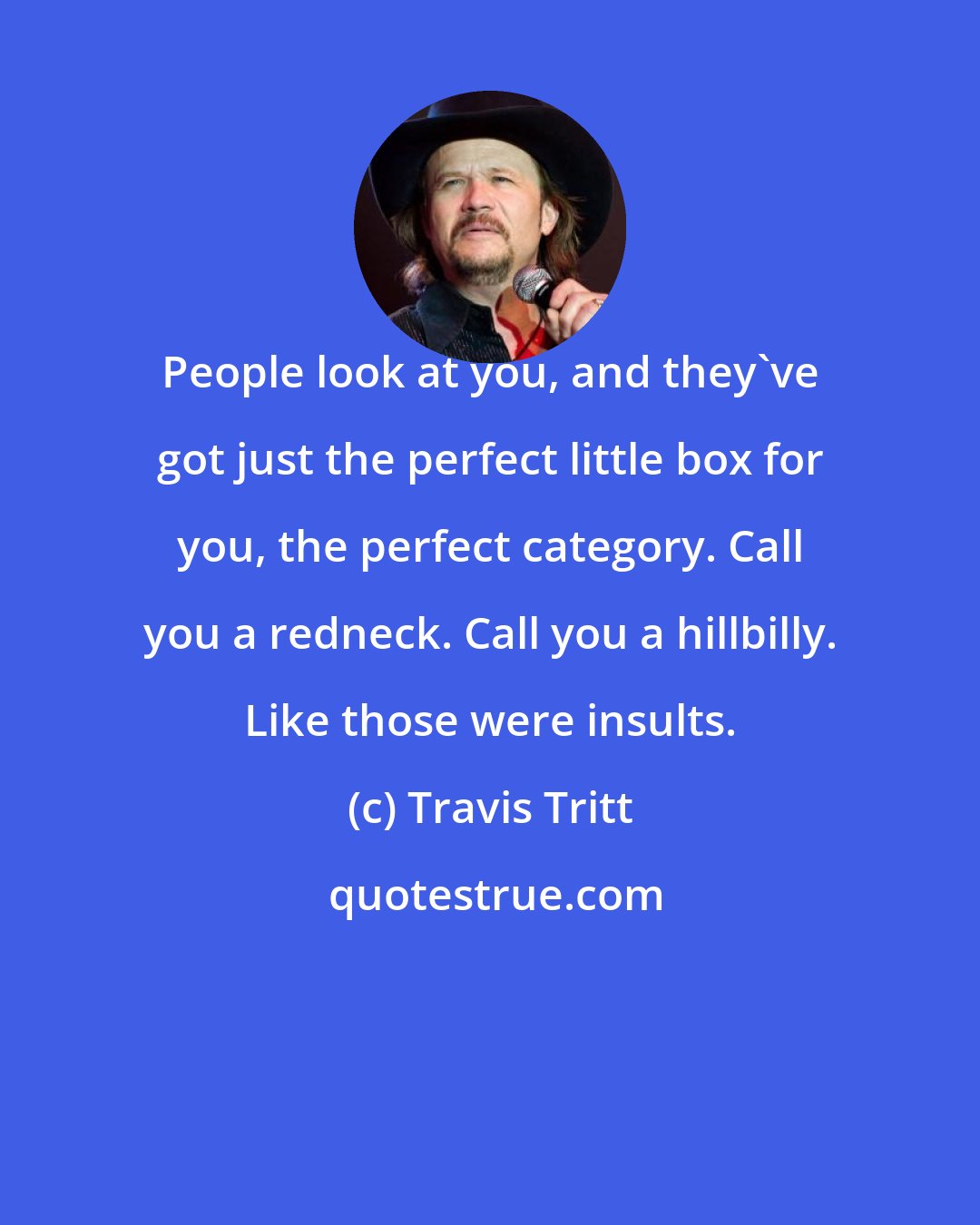 Travis Tritt: People look at you, and they've got just the perfect little box for you, the perfect category. Call you a redneck. Call you a hillbilly. Like those were insults.