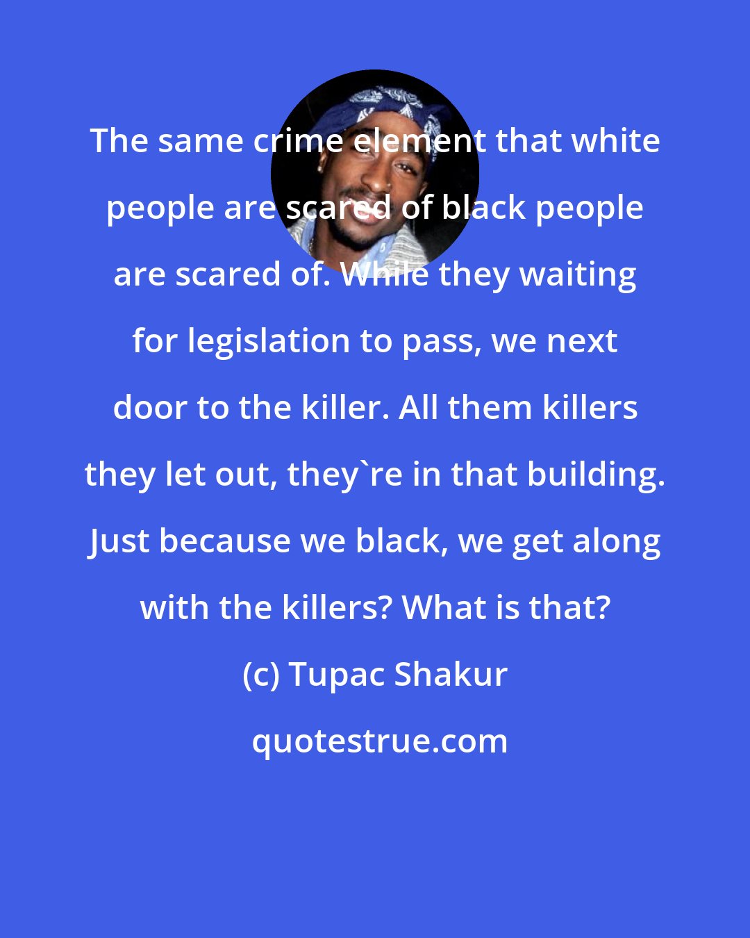 Tupac Shakur: The same crime element that white people are scared of black people are scared of. While they waiting for legislation to pass, we next door to the killer. All them killers they let out, they're in that building. Just because we black, we get along with the killers? What is that?
