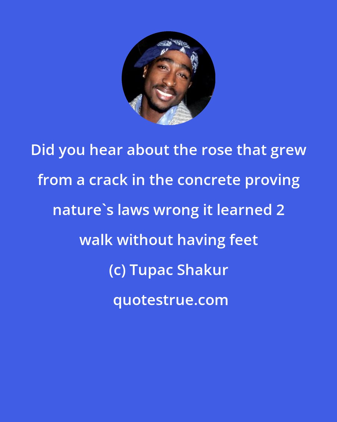 Tupac Shakur: Did you hear about the rose that grew from a crack in the concrete proving nature's laws wrong it learned 2 walk without having feet