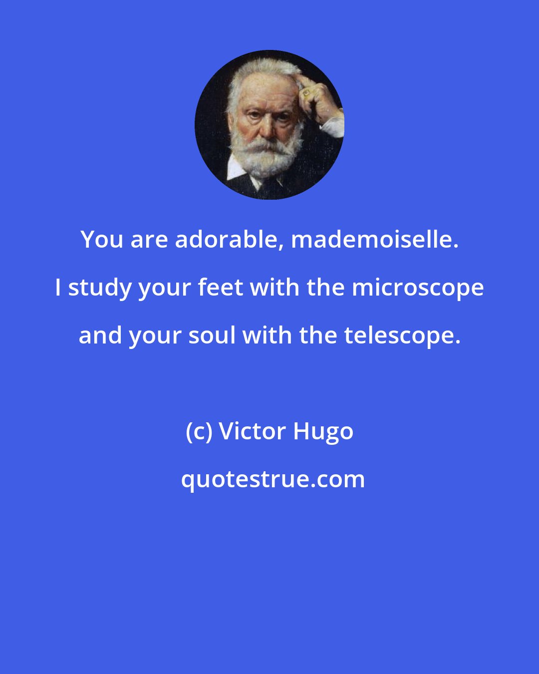 Victor Hugo: You are adorable, mademoiselle. I study your feet with the microscope and your soul with the telescope.