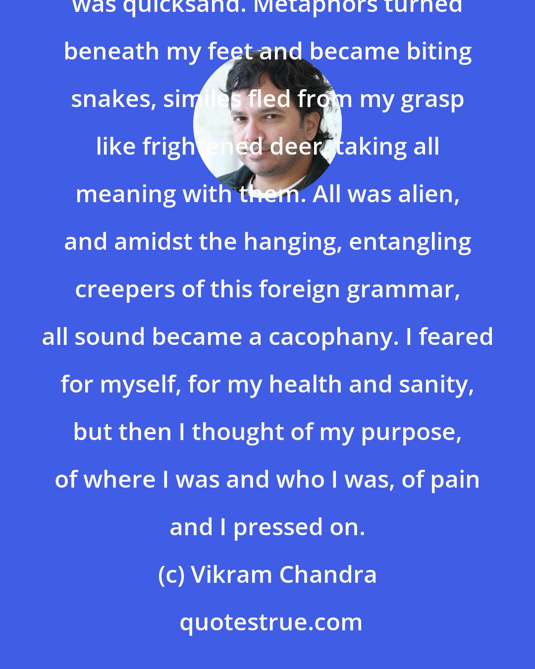 Vikram Chandra: And so I began to read,' Sorkar said. 'And at first the complete works were like a jungle, the language was quicksand. Metaphors turned beneath my feet and became biting snakes, similes fled from my grasp like frightened deer, taking all meaning with them. All was alien, and amidst the hanging, entangling creepers of this foreign grammar, all sound became a cacophany. I feared for myself, for my health and sanity, but then I thought of my purpose, of where I was and who I was, of pain and I pressed on.