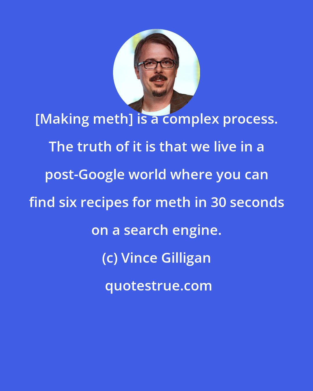 Vince Gilligan: [Making meth] is a complex process. The truth of it is that we live in a post-Google world where you can find six recipes for meth in 30 seconds on a search engine.