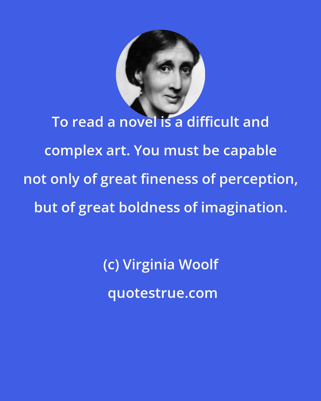 Virginia Woolf: To read a novel is a difficult and complex art. You must be capable not only of great fineness of perception, but of great boldness of imagination.