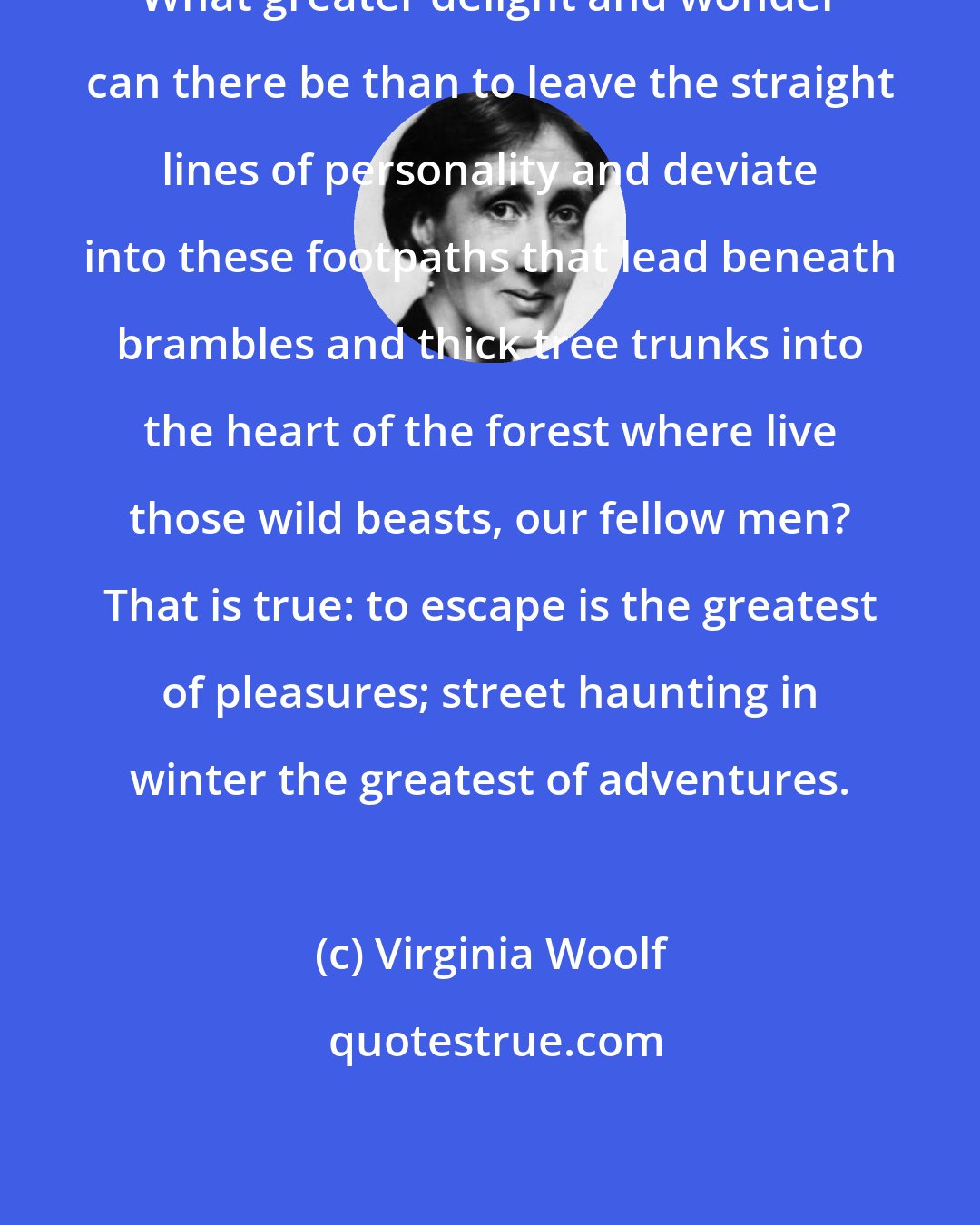Virginia Woolf: What greater delight and wonder can there be than to leave the straight lines of personality and deviate into these footpaths that lead beneath brambles and thick tree trunks into the heart of the forest where live those wild beasts, our fellow men? That is true: to escape is the greatest of pleasures; street haunting in winter the greatest of adventures.