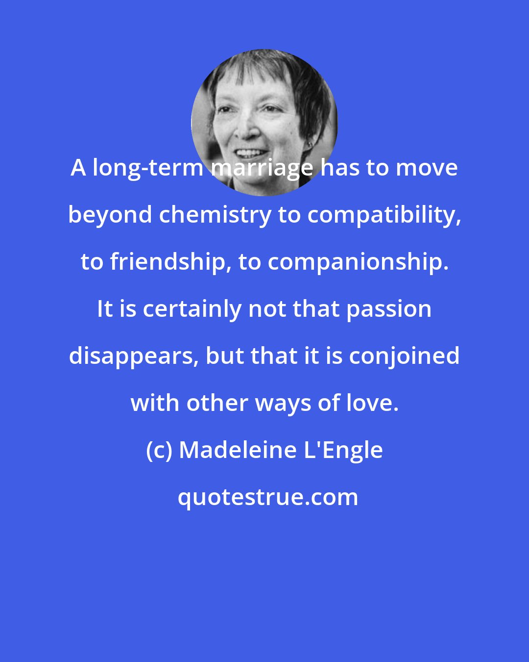 Madeleine L'Engle: A long-term marriage has to move beyond chemistry to compatibility, to friendship, to companionship. It is certainly not that passion disappears, but that it is conjoined with other ways of love.