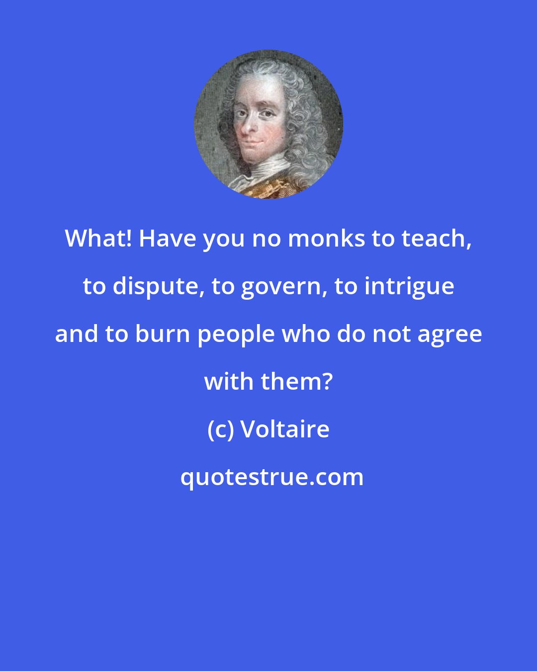 Voltaire: What! Have you no monks to teach, to dispute, to govern, to intrigue and to burn people who do not agree with them?