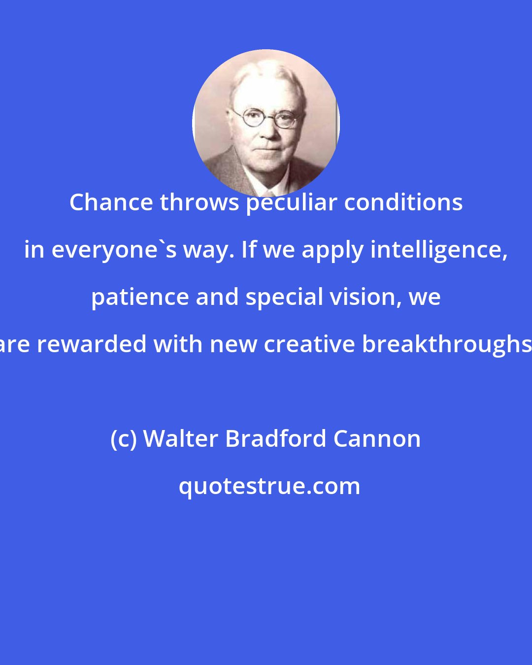 Walter Bradford Cannon: Chance throws peculiar conditions in everyone's way. If we apply intelligence, patience and special vision, we are rewarded with new creative breakthroughs.