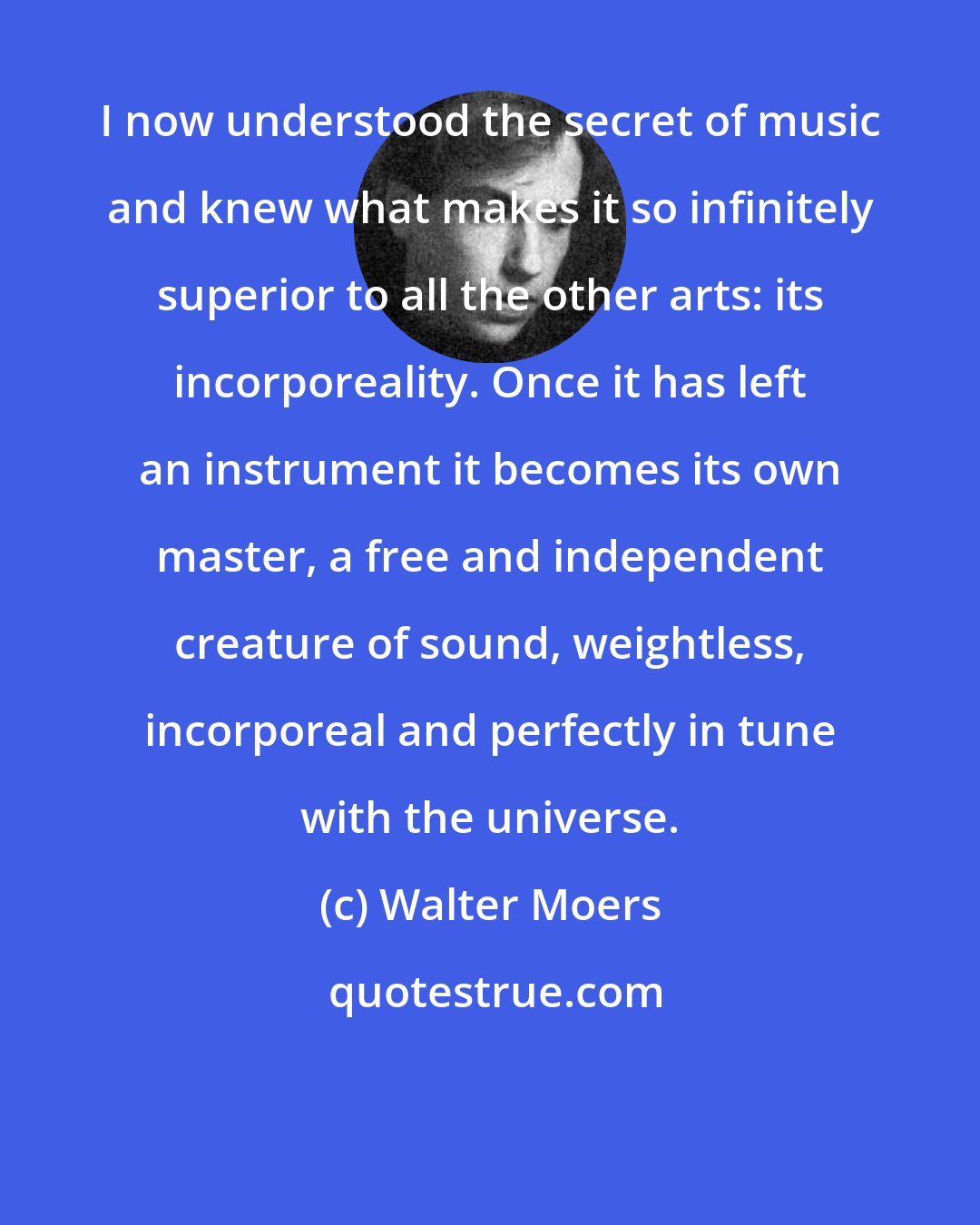 Walter Moers: I now understood the secret of music and knew what makes it so infinitely superior to all the other arts: its incorporeality. Once it has left an instrument it becomes its own master, a free and independent creature of sound, weightless, incorporeal and perfectly in tune with the universe.