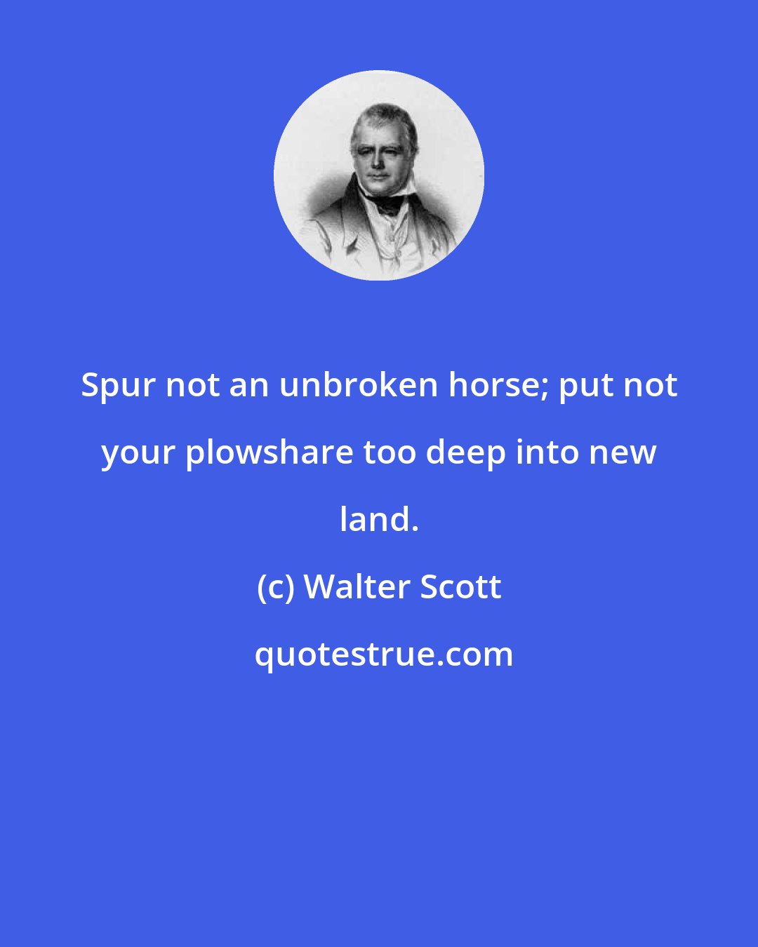 Walter Scott: Spur not an unbroken horse; put not your plowshare too deep into new land.