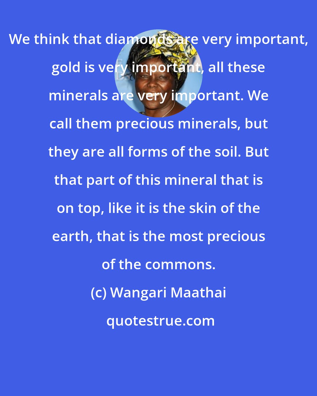 Wangari Maathai: We think that diamonds are very important, gold is very important, all these minerals are very important. We call them precious minerals, but they are all forms of the soil. But that part of this mineral that is on top, like it is the skin of the earth, that is the most precious of the commons.