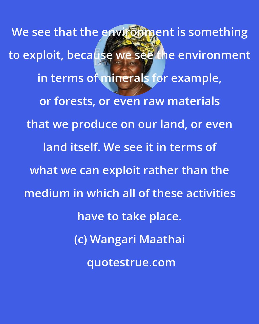 Wangari Maathai: We see that the environment is something to exploit, because we see the environment in terms of minerals for example, or forests, or even raw materials that we produce on our land, or even land itself. We see it in terms of what we can exploit rather than the medium in which all of these activities have to take place.