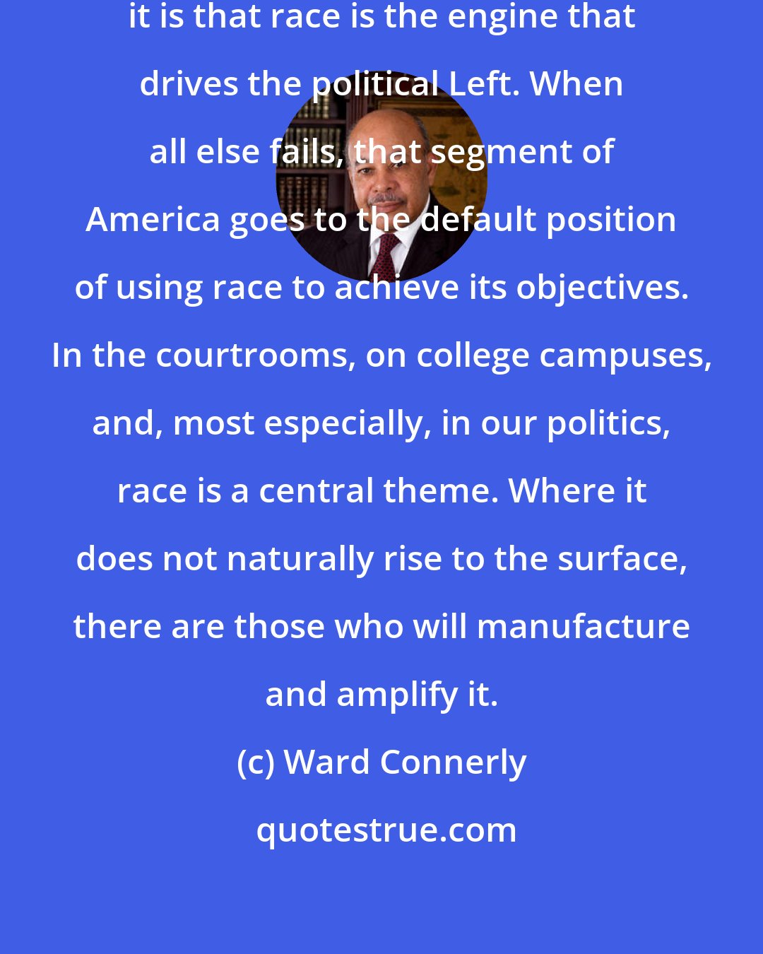 Ward Connerly: If I have learned one thing from life, it is that race is the engine that drives the political Left. When all else fails, that segment of America goes to the default position of using race to achieve its objectives. In the courtrooms, on college campuses, and, most especially, in our politics, race is a central theme. Where it does not naturally rise to the surface, there are those who will manufacture and amplify it.