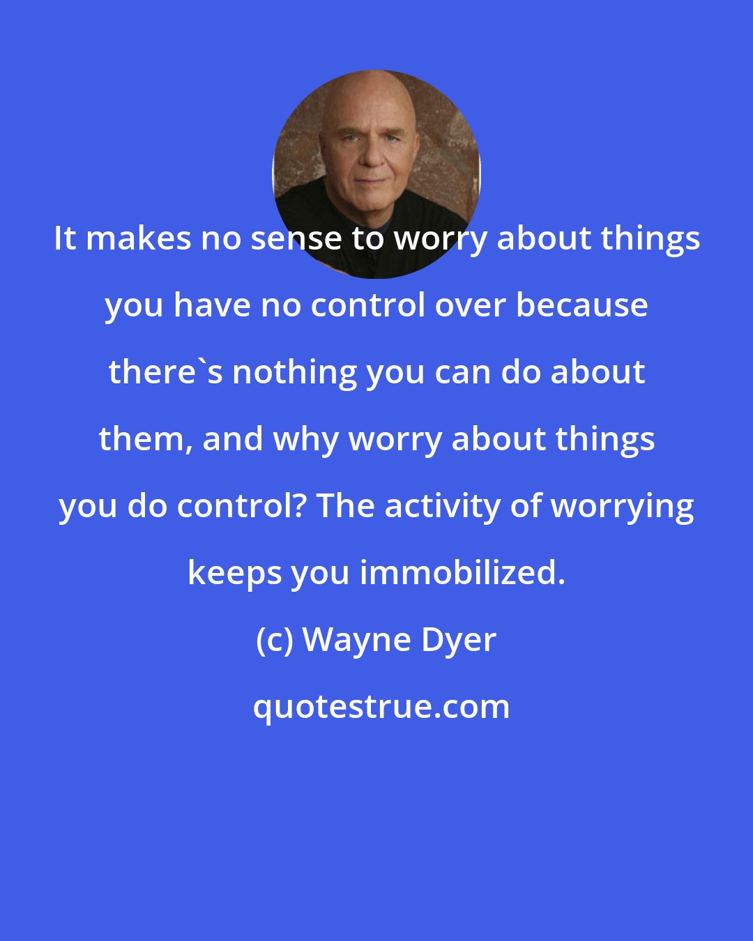 Wayne Dyer: It makes no sense to worry about things you have no control over because there's nothing you can do about them, and why worry about things you do control? The activity of worrying keeps you immobilized.