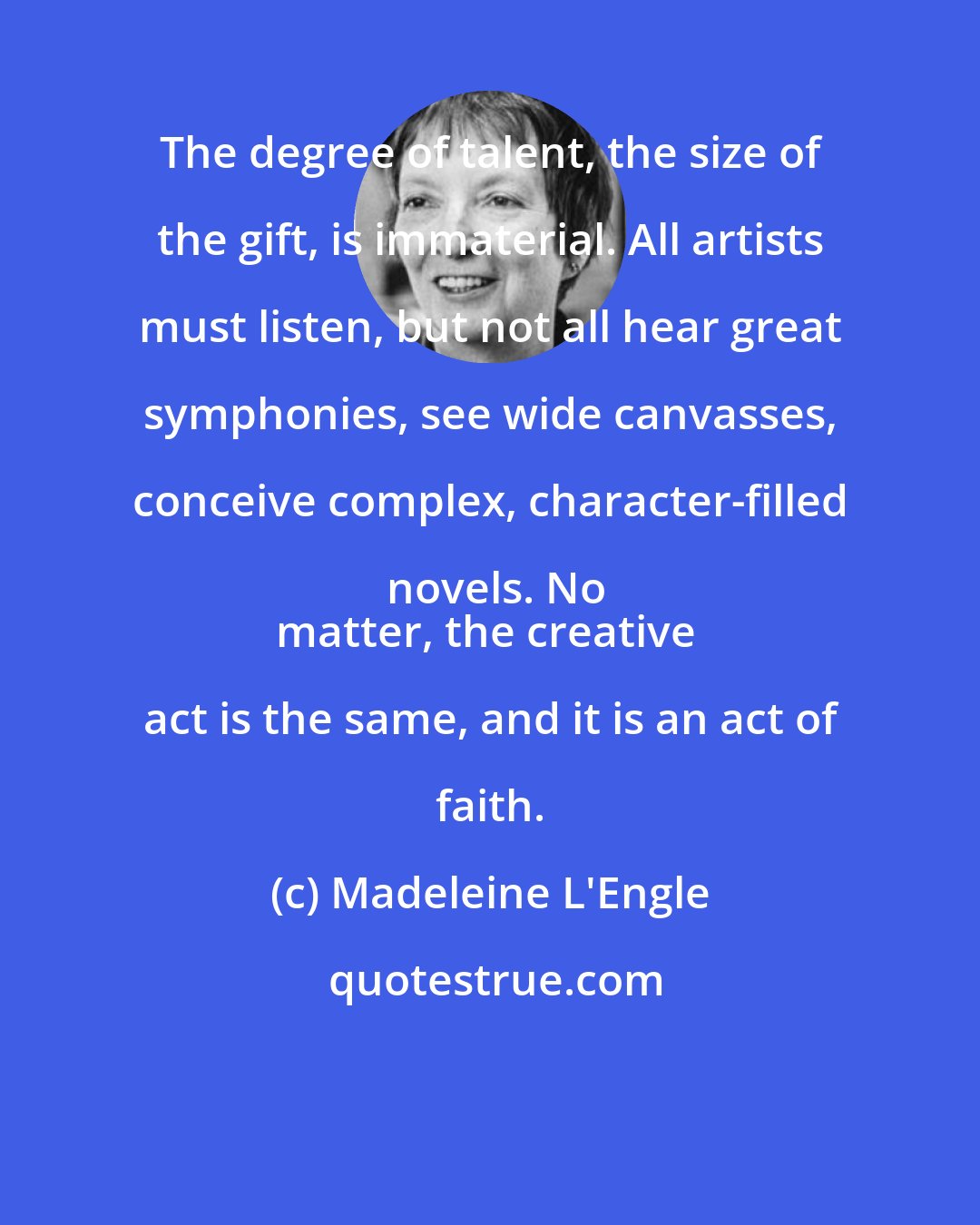 Madeleine L'Engle: The degree of talent, the size of the gift, is immaterial. All artists must listen, but not all hear great symphonies, see wide canvasses, conceive complex, character-filled novels. No
matter, the creative act is the same, and it is an act of faith.