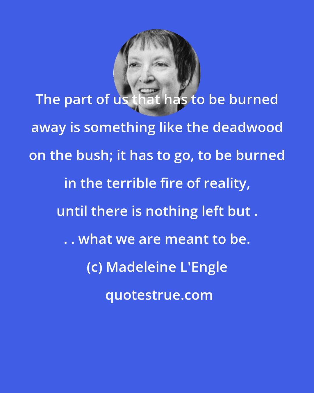 Madeleine L'Engle: The part of us that has to be burned away is something like the deadwood on the bush; it has to go, to be burned in the terrible fire of reality, until there is nothing left but . . . what we are meant to be.