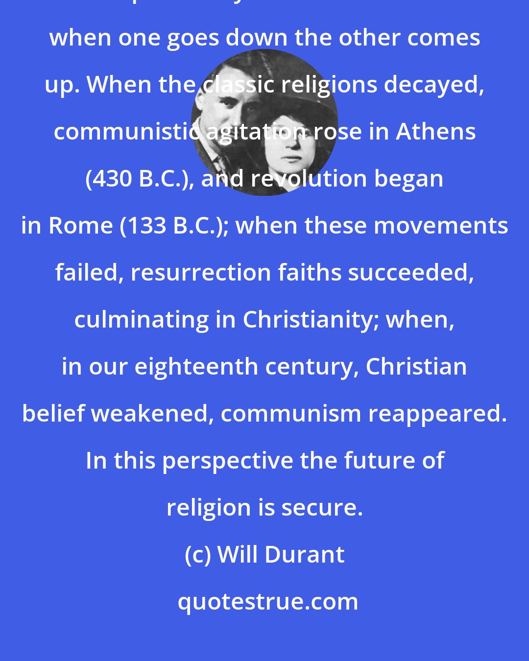 Will Durant: Historically the belief in heaven and the belief in utopia are like compensatory buckets in a well: when one goes down the other comes up. When the classic religions decayed, communistic agitation rose in Athens (430 B.C.), and revolution began in Rome (133 B.C.); when these movements failed, resurrection faiths succeeded, culminating in Christianity; when, in our eighteenth century, Christian belief weakened, communism reappeared. In this perspective the future of religion is secure.
