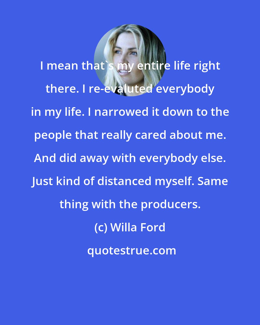 Willa Ford: I mean that's my entire life right there. I re-evaluted everybody in my life. I narrowed it down to the people that really cared about me. And did away with everybody else. Just kind of distanced myself. Same thing with the producers.