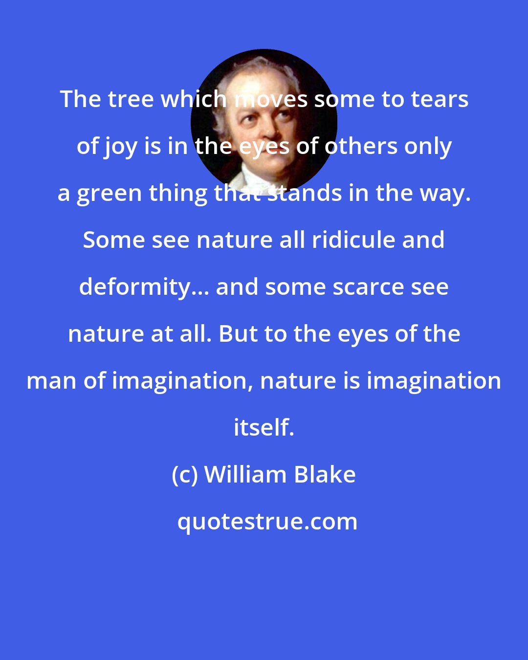 William Blake: The tree which moves some to tears of joy is in the eyes of others only a green thing that stands in the way. Some see nature all ridicule and deformity... and some scarce see nature at all. But to the eyes of the man of imagination, nature is imagination itself.