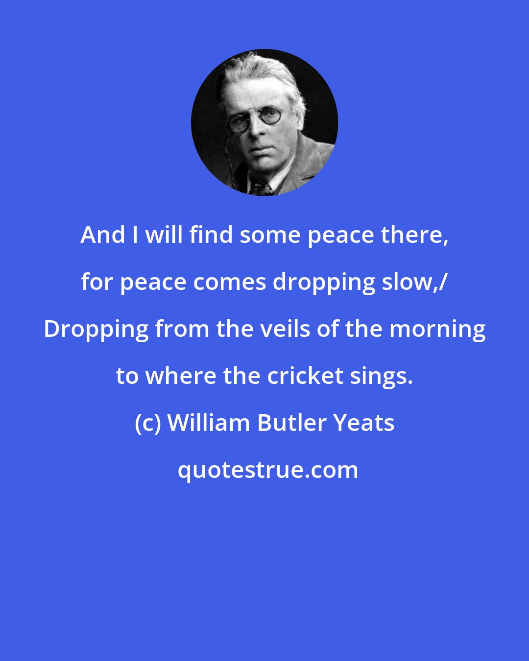 William Butler Yeats: And I will find some peace there, for peace comes dropping slow,/ Dropping from the veils of the morning to where the cricket sings.