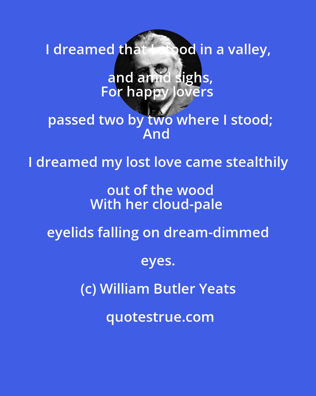 William Butler Yeats: I dreamed that I stood in a valley, and amid sighs,
For happy lovers passed two by two where I stood;
And I dreamed my lost love came stealthily out of the wood
With her cloud-pale eyelids falling on dream-dimmed eyes.