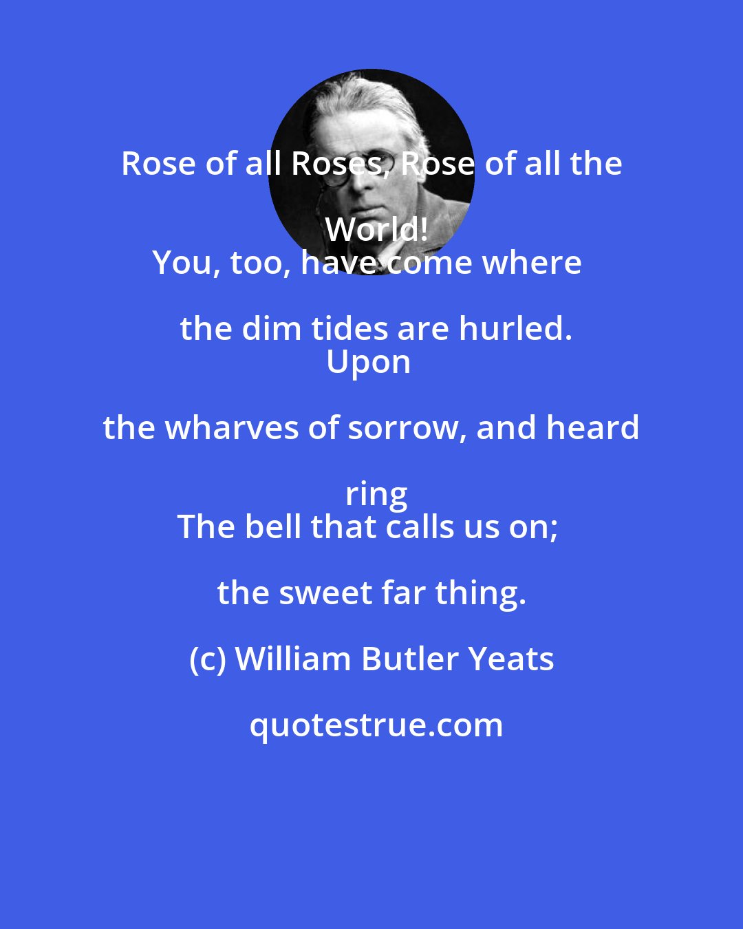 William Butler Yeats: Rose of all Roses, Rose of all the World!
You, too, have come where the dim tides are hurled.
Upon the wharves of sorrow, and heard ring
The bell that calls us on; the sweet far thing.