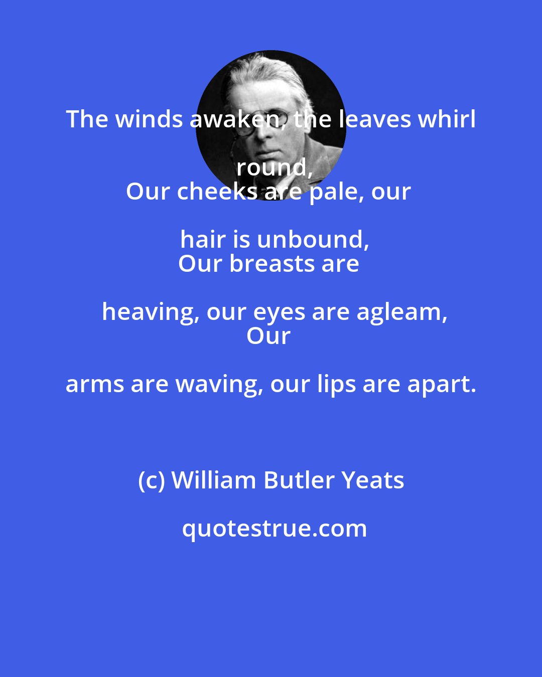 William Butler Yeats: The winds awaken, the leaves whirl round,
Our cheeks are pale, our hair is unbound,
Our breasts are heaving, our eyes are agleam,
Our arms are waving, our lips are apart.